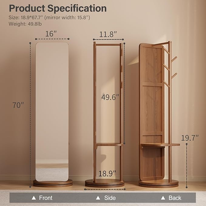 WoodsWhisper Full Length Mirror Coat Rack Solid Wood Floor Mirror 70"x16" Full Length Mirror with Stand Long Mirrors for Bedroom,Living Room