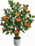 Artificial Camellia Tree 35in Faux Floral Plant with Orange Flowers and Green Leaves - No Maintenance Indoor Outdoor Office Home Porch Decor Housewarming Gift(1 Pack - Orange)
