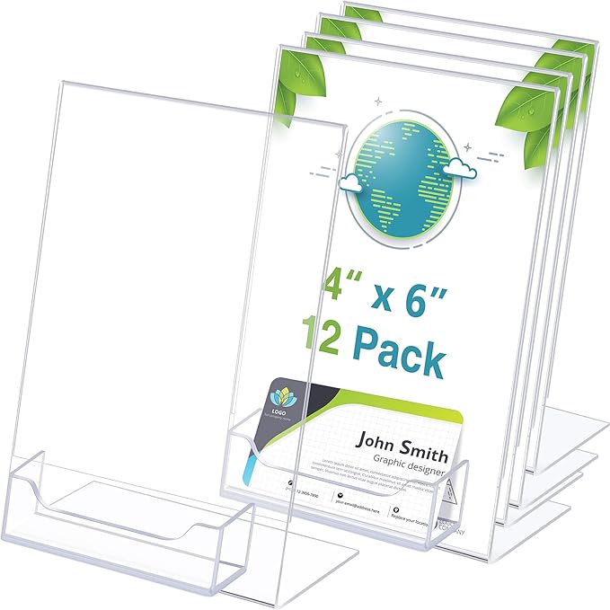 Remerry 12 Pcs Acrylic Sign Holder with Business Card Holder Slanted Paper Stand Clear Brochure Display Stand Heavy Duty Plastic Signs for Office Table Advertisement Flyer (4 x 6 Inch)