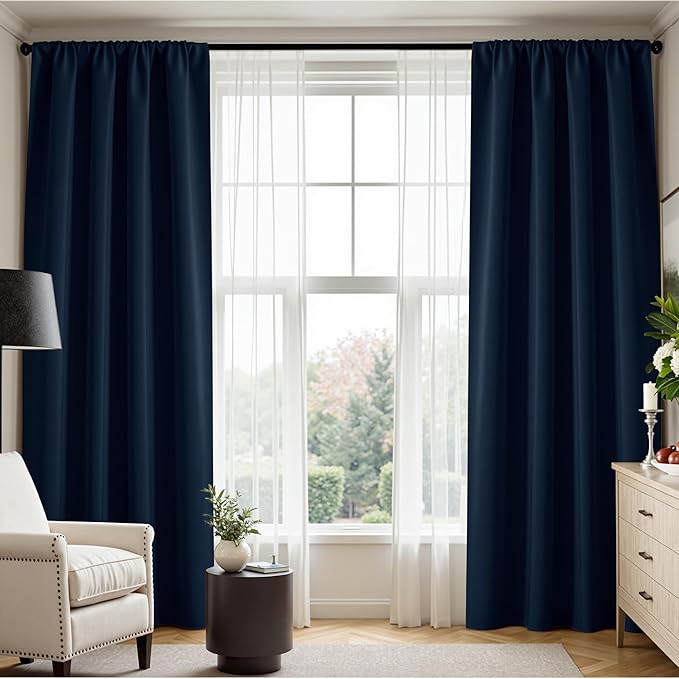PONY DANCE Navy Blue Blackout Curtains 80 inches Long, Country Curtains Window Decor Sunlight Shade Blind for Sliding Glass Door Family Room Living Room Cabin, W 42 x L 80 inch, 2 Panels