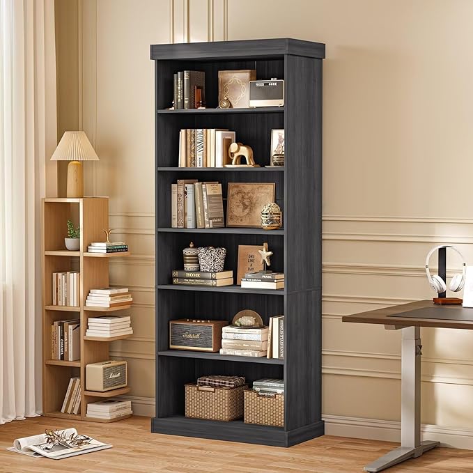 Vyre 70.8" Tall Farmhouse Bookshelf with Glass Doors, Modular Bookcase with 6-Tier Adjustable Shelves, Large Storage Cabinet for Kitchen, Living Room, Black, Set of 2