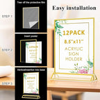 Acrylic Sign Holder 8.5 x 11, 12 Pack Double Sided Flyer Holder, Table Menu Holder Display Stand for Wedding, Party, Gold Picture Frame Stand up Table Top Menu Holder