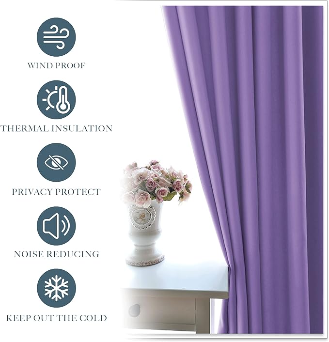 PONY DANCE Lilac Curtains Drapes - 42 x 45 inches Long Lilac Blackout Panels Home Fashion Solid Rod Pocket Curtain Blinds for Room Decoration Thermal Insulated Light Block, 1 Pair