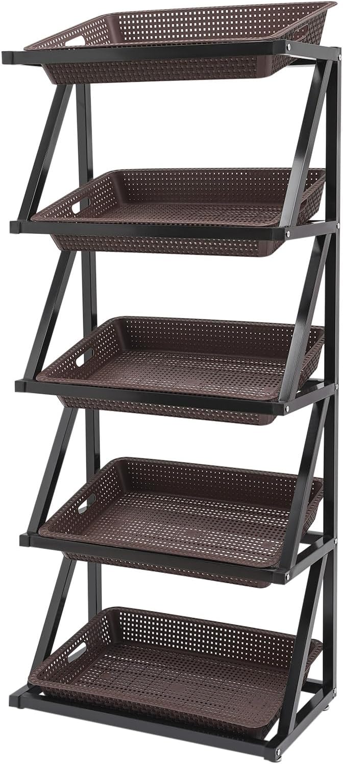 Fruit Vegetable Storage Basket,Kitchen Organizers 5 Tier Basket Stand Storage Baskets Market Shelf for Kitchen Store (Brown)