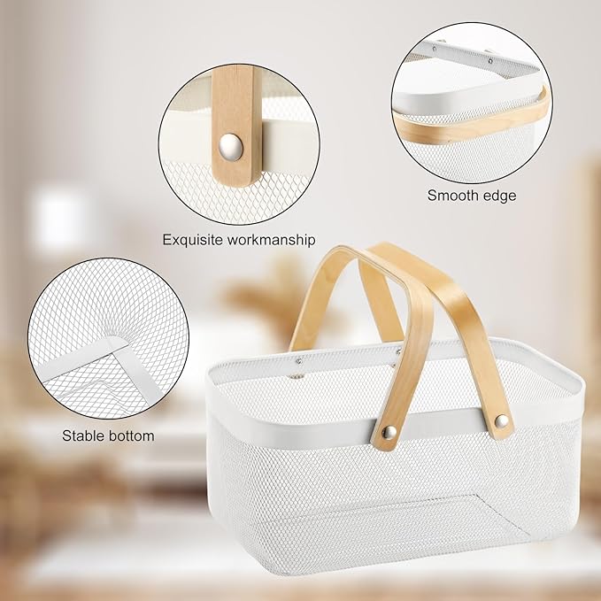 Sadnyy 4 Pcs Metal Wire Storage Basket with Handle Mesh Harvest Durable Vegetables Fruit Basket for Garden Organizing, Kitchen, Countertop, Closet, Bedroom (16 x 9.8 x 7.1 Inch,White)