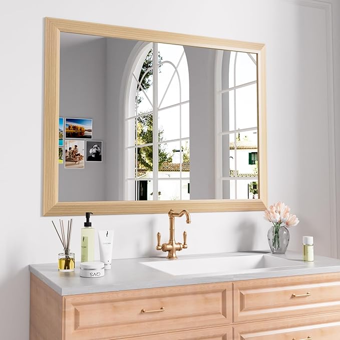 Amorho Bathroom Mirror for Wall, 40X32 Inch Oak Wood Grain Metal Framed Mirror, Anti-Rust, Hang Horizontally/Vertically, Suitable for Vanity, Bedroom, Farmhouse, Bathroom
