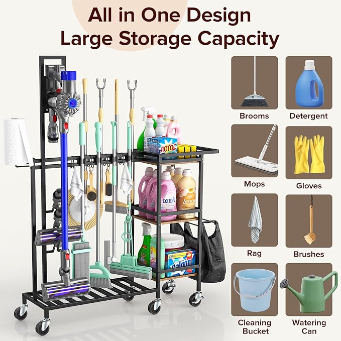 Housolution Cleaning Utility Cart on Wheels, Multifunctional Cleaning Tools Supplies Organizer with Broom and Mop Holder, Vacuum Stand Compatible with Dyson, Rolling Storage Cart for Home