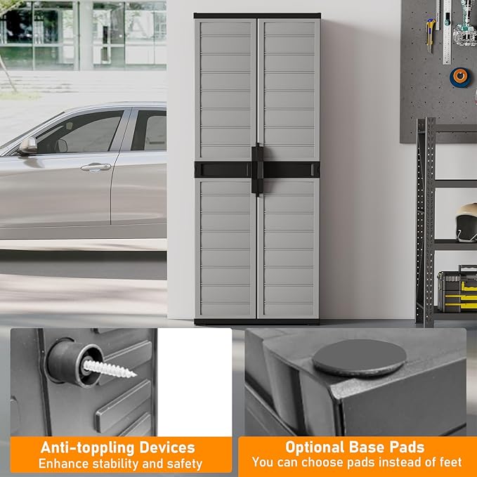 Giantex 68-inches Garage Storage Cabinet, PP Lockable Storage Shed with Doors, Freestanding Tool Locker with 3 Adjustable Shelves, Heavy-Duty Shelving Unit for Pantry, Basement, Laundry Room, Mudroom