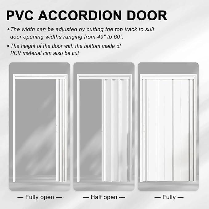 49-60 x 80in Accordion Doors Interior Folding Door, White PVC Accordion Door with Upgraded Roller & Complete Hardware & Handle, for Closet Bathroom Doorways