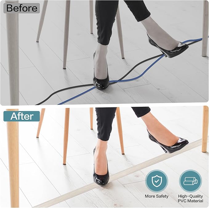 Floor Cord Cover Self Adhesive Cord Hider Floor Extension Cord Covers for Floor Power Cord Protector Cable Management Prevent Cable Trips Cable Cavity 0.59" W x 0.31" H (Beige Wood, 20Ft)