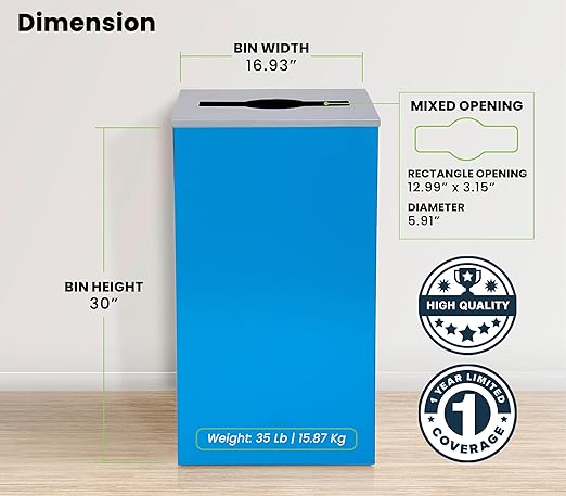Alpine Industries 29 Gallon Commercial Indoor Recycle Bin with Lid, Blue Metal Container with Optional Lids