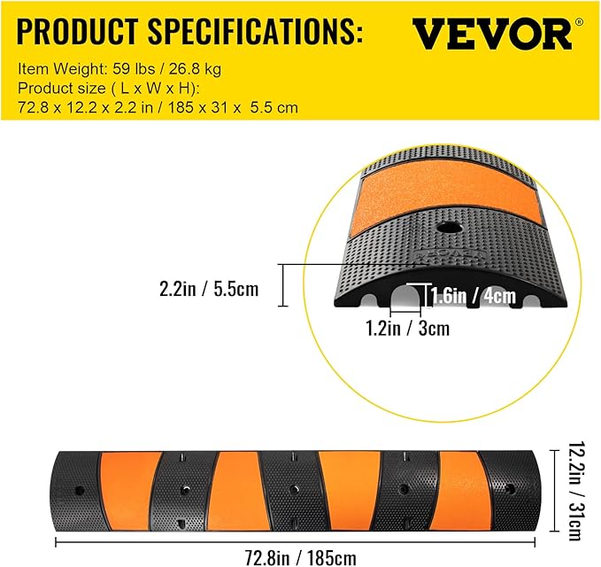 VEVOR Rubber Speed Bump (2 Pack) - 6 FT Heavy Duty 22,000 lbs Capacity for Road & Driveway, 72.8" x 12.2" x 2.2" Modular Traffic Hump, 2 Channel Floor Cord Cover for Asphalt, Concrete, Gravel