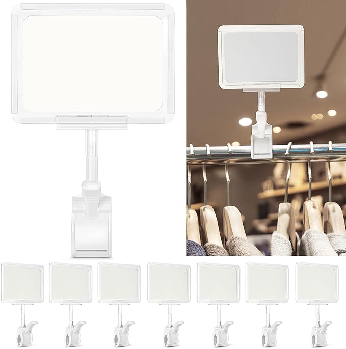 Acrylic Sign Holder with Clamp, 6 x 9 Inch Double Head Display Clips with PVC Card Protector, Rotating Sign Price Tag Clip On Sign Display for Hangrails or Tubes (Pack of 7) (White)