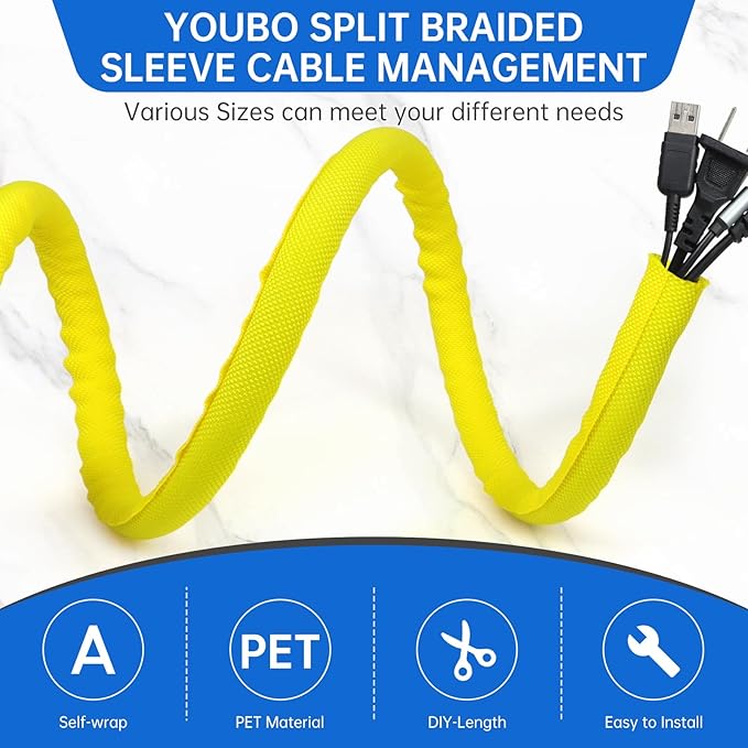 Split Braided Cable Sleeve，Flexible Wire Loom Tubing, Automotive Cord Protector Pet Proof, Cable Management for Computer TV Electric Wires Harness 16ft (Yellow, 16mm（5/8")