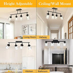 Yaohong 4-Light Black Farmhouse Track Lighting Fixtures Ceiling, Bathroom Track Lighting Kit Wall Light with Ajustable Heads, Kitchen Track Lighting Fixtures with Glass Shade for Hallway Shop