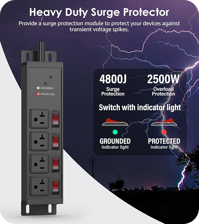 CCCEI Heavy Duty Surge Protector Power Strip 20 Amp Individual Switches. 25FT 12 Gauge Extension Cord with Multiple Outlets. Kitchen, Garage, Shop, Industrial Wall Mount Electric Extender, Black.