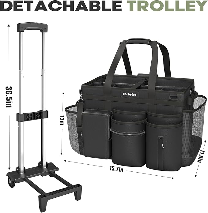 Rolling Cleaning Caddy Bag with Detachable Trolley, Cleaning Supplies Organizer Cart on Wheels, Cleaning Supply Caddy for Housekeepers (Black, 11.5" Dx15.7 Wx13 H)