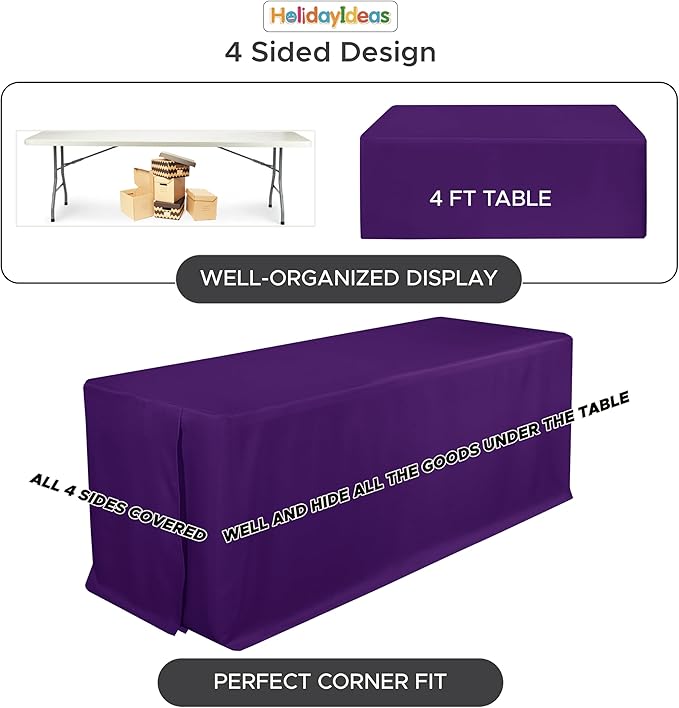 HolidayIdeas Fitted Tablecloths for 8 Foot Rectangle Table, Wrinkle Resistant Washable Table Cover 30x96 Inch for Vendor Booth Display, Banquet, Trade Show, Purple, 4 Pcs