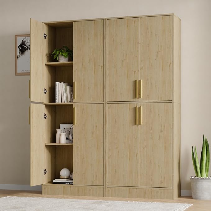 71" Tall Pantry Cabinet with 4 Doors, Kitchen Pantry Storage Cabinet, Freestanding Larder Cupboard, Utility Kitchen Hutch with Gold Handles for Dining Room, Bathroom, Natural