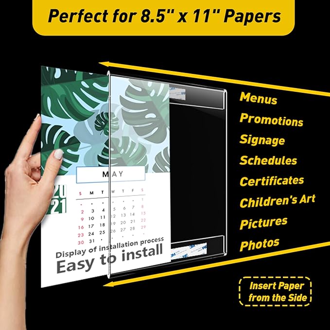 KSacry 12 Pcs Acrylic Sign Holder 8.5 x 11, Vertical Wall Mount Sign Holders with 3M Adhesive, Clear Plastic Frames Paper Display Sign Holders for Office, Home, Store, Restaurant - No Drilling