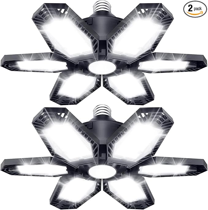 TANBABY 2 Pack LED Garage Lights, 150W Deformable Best Ceiling Shop Lights, 15000LM LED Light 6500K Garage Lighting with 6+1 Adjustable Panels Bulb for Basement