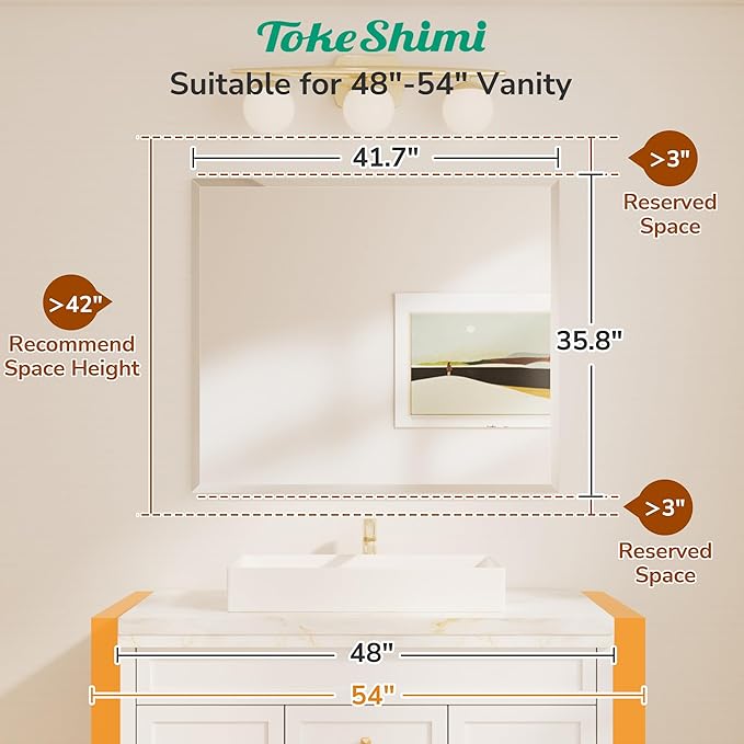 TokeShimi 42x36 Beveled Frameless Bathroom Mirror Decorative, Bathroom Vanity Mirrored with 1" Beveled Edge, Shatterproof Modern Frameless Mirror Rectangle for Living Room, Entryway, Restroom