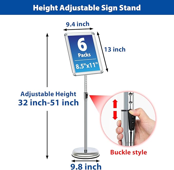 6-Packs Sign Holder Stand for Display 8.5x11 Inch - Adjustable Floor Standing Sign Holder - Pedestal Poster Stand with Vertical/Horizontal View, Indoor/Outdoor Business & Store Signage(Silver)