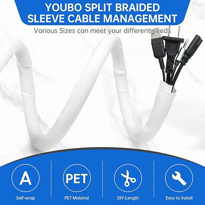 Split Braided Cable Sleeve，Flexible Wire Loom Tubing, Automotive Cord Protector Pet Proof, Cable Management for Computer TV Electric Wires Harness 16ft (White, 13mm（1/2")