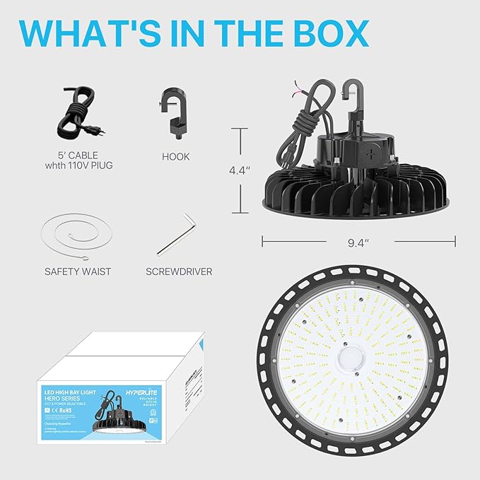 HYPERLITE 4Pack LED UFO High Bay Lights 100W 14,500LM (145lm/w) 5000K 1-10V Dimmable 5' Cable with 110V Plug Hanging Hook Safe Rope UL Listed for Barn Workshop Warehouse Residential