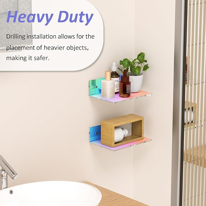 9 Inches Iridescent Floating Shelves Acrylic, White Wall Shelves for Living Room Décor, Bedroom, Bathroom, Kitchen, Dining Room, Brand Store, Retails, Gaming Room, 2 Pack