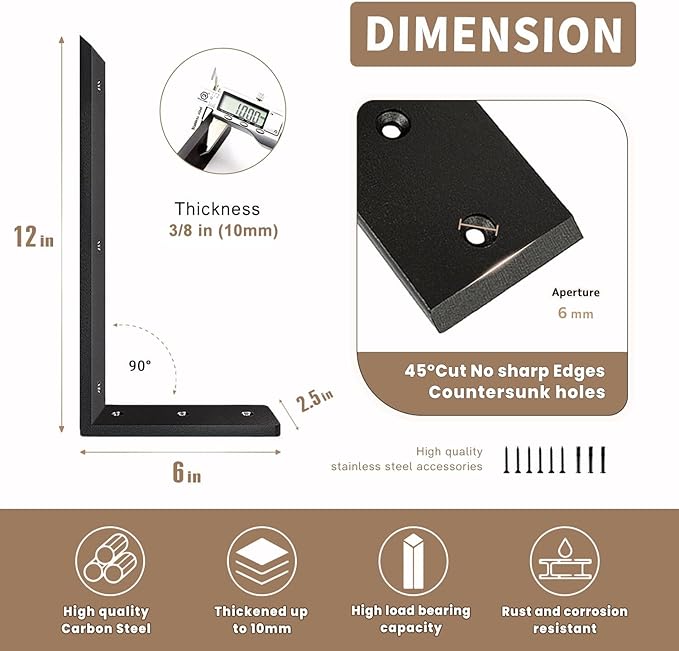 Countertop Support Bracket 12 Inch 4 Pack Countertop Bracket for Granite 3/8" Thick 12"x6"x2.5" Heavy Duty L Brackets Shelf Brackets Metal Corbels for Quartz/Granite/Wood/Concret/ Laminate Countertops