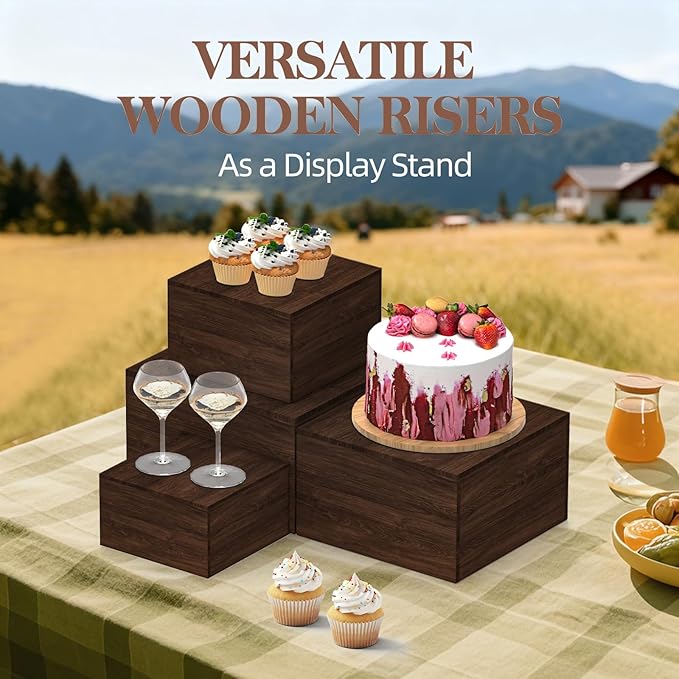 8 PCS Wooden Buffet Risers, Rustic Wood Cake Cupcake Stands, Square Food Risers for Buffet Table, Catering Dessert Table Display Set, Stackable Wooden Crates for Party, Decor, Wedding, Birthday