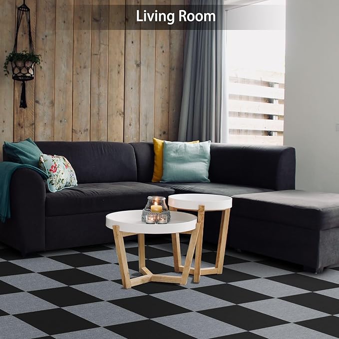 Peel and Stick Carpet Tiles, 12" x 12" Self-Adhesive Soft Floor Stickers,Black Easy Install DIY Rug for Kids' Room, Bedroom, Dining Room, 20 PCS (20 sq ft/Box)