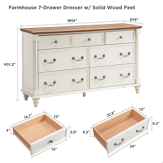 T4TREAM Farmhouse 7 Drawers Dresser Chests for Bedroom w/ 4 Solid Wood Feet & Column Decor, Tall Wide Wood Country Rustic Chest of Drawers, Storage Dressers for Bedroom, Living Room, Antique White