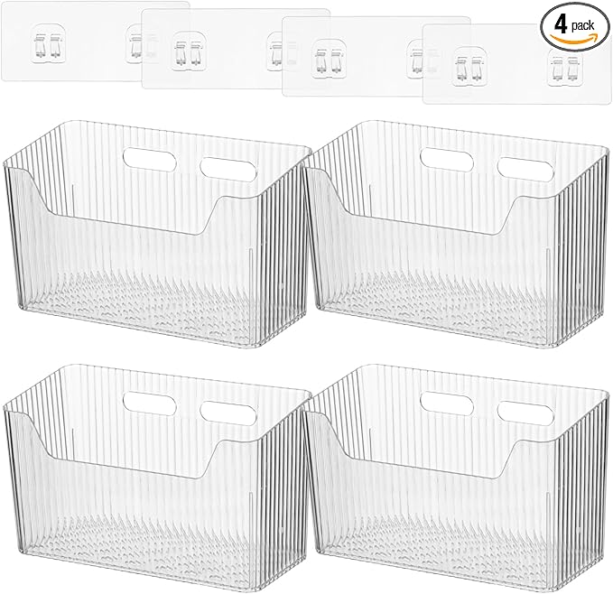 4 Pcs Plastic Wall Mount Organizer Bins - Self Adhesive Inside Cabinet Door Storage for Cosmetics Toiletries, Wall Organization Containers for Kitchen Bathroom Office, 7.9 x 3.5 x 5.7 in