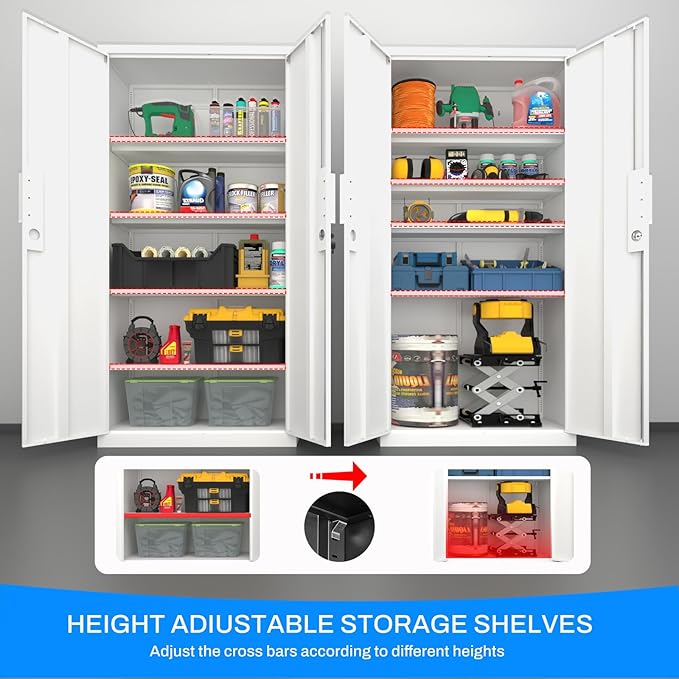 Metal Garage Storage Cabinet with Lock, 72" Tall Steel Storage Locker with 4 Adjustable Shelves, Heavy Duty Metal Cabinet for Garage, Office, Home, White
