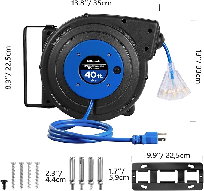 Retractable Extension Cord Reel, 40 FT Heavy Duty Power Cord, 12AWG/3C SJTOW, 3 Grounded Outlets Lighted Triple Tap, 15 Amp Circuit Breaker, UL Listed, Blue U40CR06