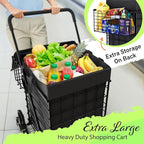 Stairs Climbing Shopping Cart w/Waterproof Basket Liner & 360° Swivel Wheels | Foldable Collapsible & Lightweight | Perfect for Groceries Laundry Utility Cart - Black