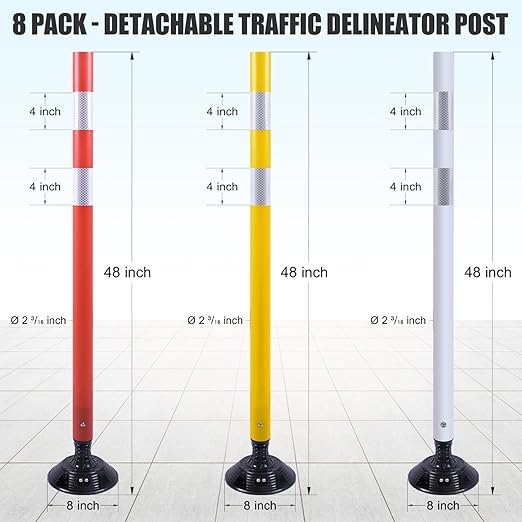 8 Pack Traffic Delineator Post Cones, High Visibility 3M Reflective Tapes, Flexible Spring Post with Detachable Base, for Highway Road Safety, Garage, Parking Lot (White, 48")
