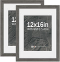 VCK 12x16 Picture Frame 2 Pack - Grey, High-End Wood Poster Frames with Tempered Glass, Display 8.5x11 Photo with Mat or 12x16 without Mat, Art Gallery-Quality, Wall Hanging, Grey