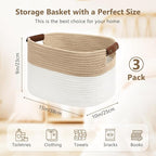 Cotton Rope Storage Baskets,15x10x9 in,Foldable Storage Bins, Decorative Woven Basket Cube Storage Organizer for Laundry, Towel, Clothes (White/Beige-3Pack, 15x10x9 inches)