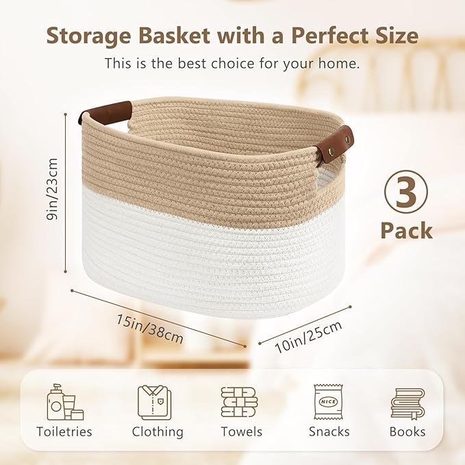 Cotton Rope Storage Baskets,15x10x9 in,Foldable Storage Bins, Decorative Woven Basket Cube Storage Organizer for Laundry, Towel, Clothes (White/Beige-3Pack, 15x10x9 inches)