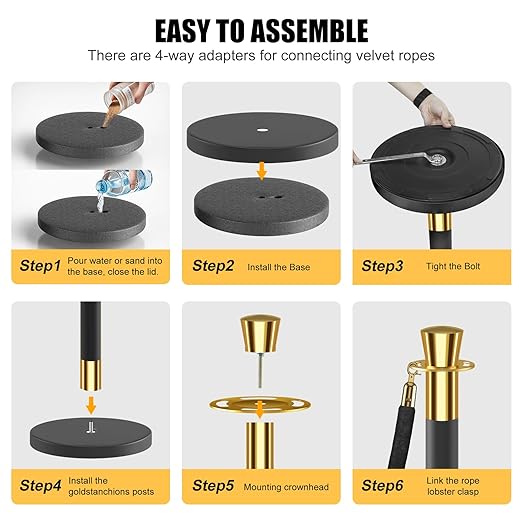 kaiyomi 6Pcs Stanchions with Black Velvet Ropes Set, 5 Feet Velvet Ropes and Posts Poles for Red Carpet Party Decoration and 360° Photo Booth (Golden & Black)