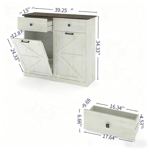 Farmhouse Dual Tilt Out Trash Can Cabinet, Holds 2 x 10 Gallon Bins Hidden Laundry Hamper Cabinet, with Hideaway Drawer Garbage Can Cabinet, Ideal for Kitchen & Laundry Room (Antique White)