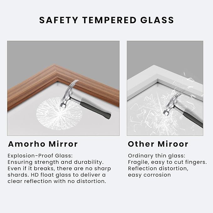 Amorho Bathroom Mirror, 40x36 Inch Wall Mirror, Walnut Wood Grain Metal Framed, Anti-Rust, Hang Horizontally/Vertically, Suitable for Bedroom, Farmhouse, Bathroom, Decorative