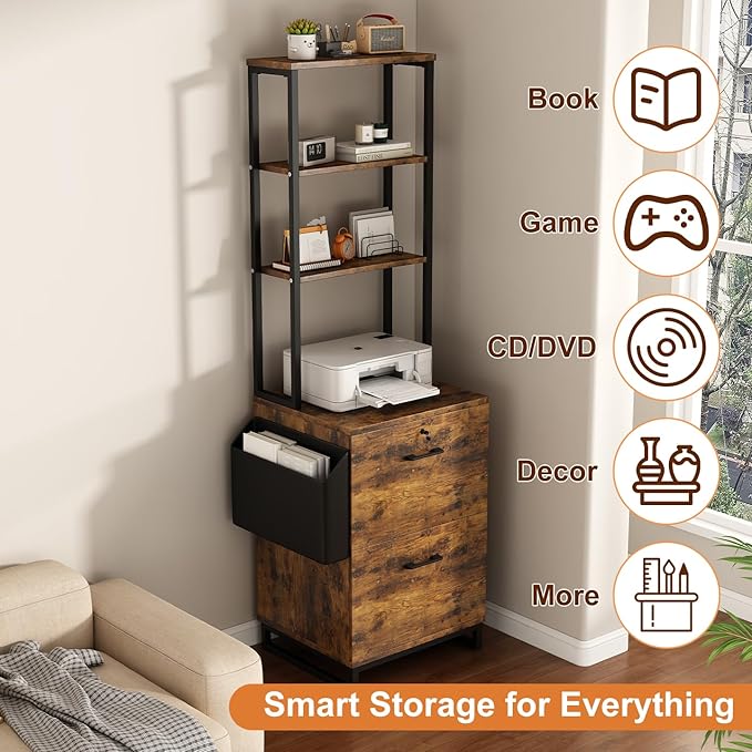 Locking Double Drawer File Cabinet with 4-Tier Display Shelf & Storage Bag, Vintage Rustic Brown Printer Stand for Home Office