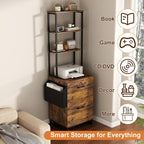 Locking Double Drawer File Cabinet with 4-Tier Display Shelf & Storage Bag, Vintage Rustic Brown Printer Stand for Home Office
