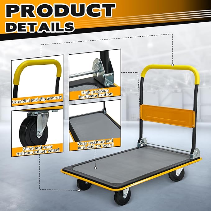 660lbs Large Size Heavy Duty Yellow Flatbed Cart, Foldable Platform Hand Truck with 360° Swivel Wheels, Steel Utility Dolly for Warehouse, Moving & Storage