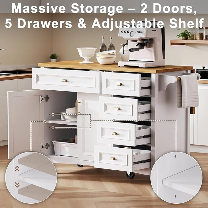 52" Retro Kitchen Island with Storage, Embossed Texture Kitchen Island on Wheels with Drop Leaf, Adjustable Shelf & Oak Veneer Tabletop, Spice/Towel Rack, White