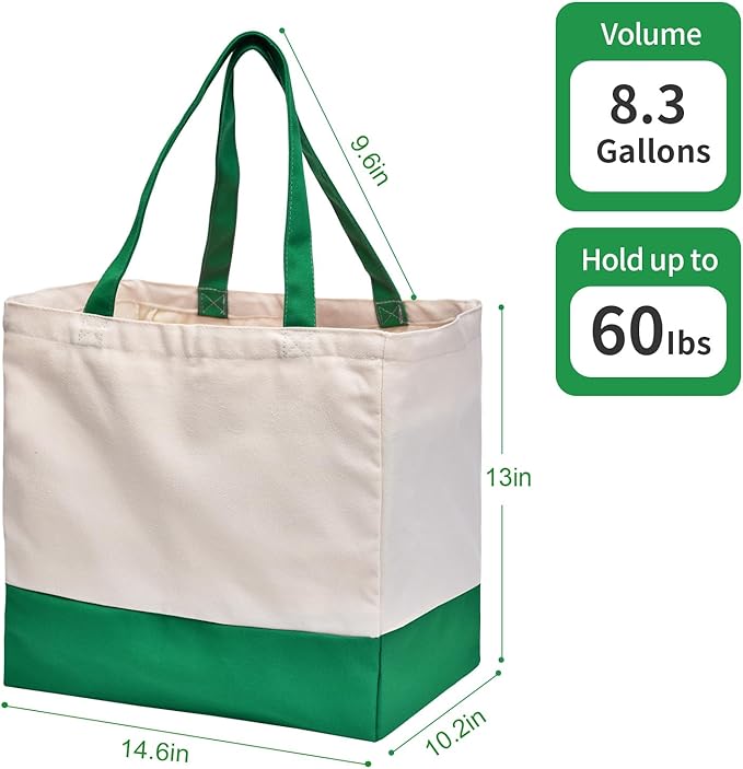Canvas Reusable Grocery Bags Heavy Duty, 8.3 gal Foldable Large Canvas Tote Bag with Handles, Holds 60 lbs Shopping Bags, 3 Pack